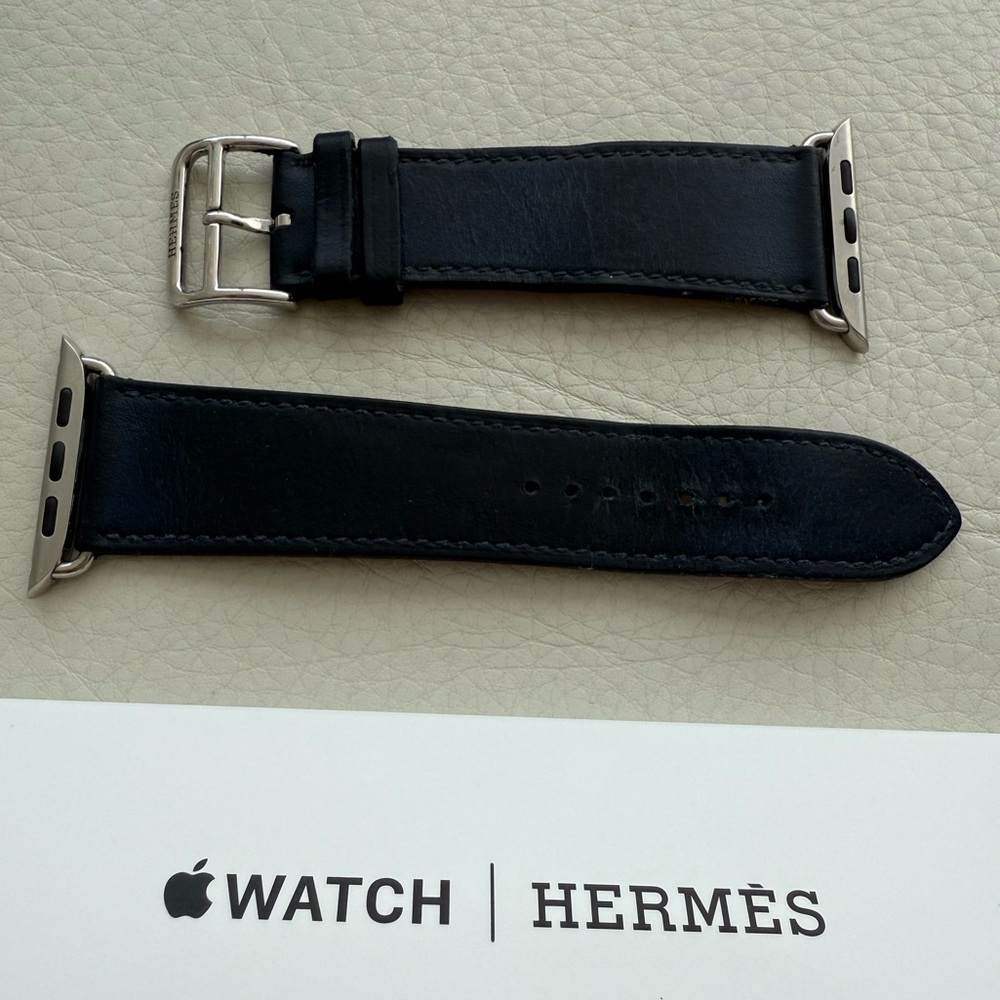Hermès navy Leather Apple Watch Strap with Silver Hardware